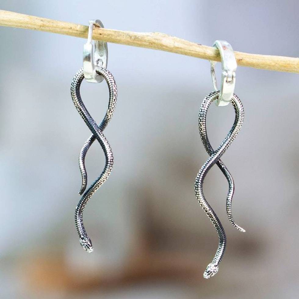 Taxco Silver Hoop Earrings with Modern Stylized Snake Motif 'Stylized Serpent'
