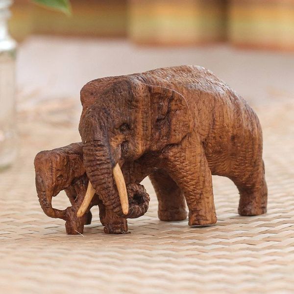 Alternate image for Thai Teak Wood Elephant Statuette with Ivory Wood Tusks Mothers Protection