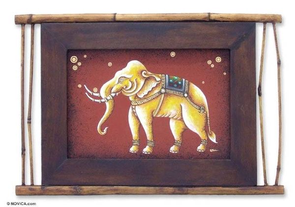 Alternate image for Acrylic Elephant Folk Art Painting Framed in Teak The Power of the Elephant