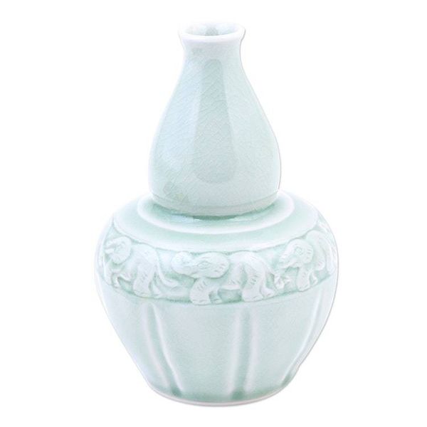 Alternate image for Artisan Crafted Celadon Ceramic Elephant-Themed Vase Elephants and Flowers