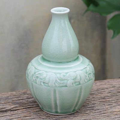 Alternate image for Artisan Crafted Celadon Ceramic Elephant-Themed Vase Elephants and Flowers