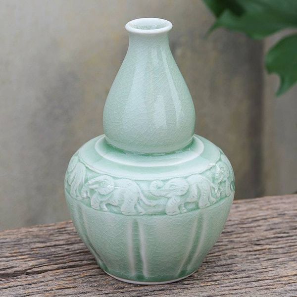 Alternate image for Artisan Crafted Celadon Ceramic Elephant-Themed Vase Elephants and Flowers
