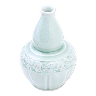 Alternate image for Artisan Crafted Celadon Ceramic Elephant-Themed Vase Elephants and Flowers