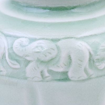 Alternate image for Artisan Crafted Celadon Ceramic Elephant-Themed Vase Elephants and Flowers