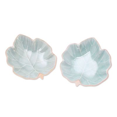 Alternate image for Leaf-Shaped Celadon Ceramic Serving Bowls Pair Ivy Leaves