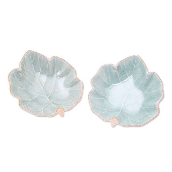 Alternate image for Leaf-Shaped Celadon Ceramic Serving Bowls Pair Ivy Leaves