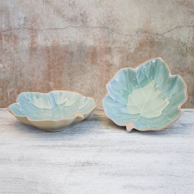 Alternate image for Leaf-Shaped Celadon Ceramic Serving Bowls Pair Ivy Leaves