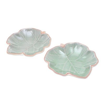 Alternate image for Leaf-Shaped Celadon Ceramic Serving Bowls Pair Ivy Leaves