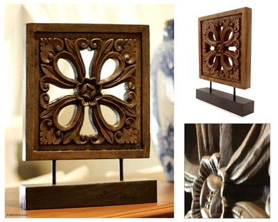 Alternate image for Thai Wood Sculpture Floral Square