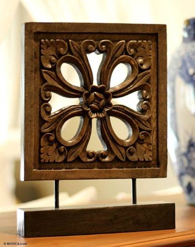 Alternate image for Thai Wood Sculpture Floral Square