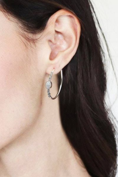 Alternate image for Rainbow Moonstone Half-Hoop Earrings Crafted in Bali Bali Memories