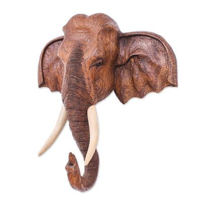 Alternate image for Hand Carved Teak Wood Elephant Sculpture Knowing in Brown