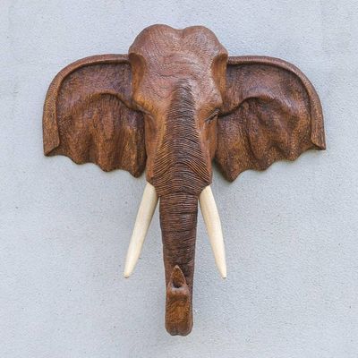 Alternate image for Hand Carved Teak Wood Elephant Sculpture Knowing in Brown