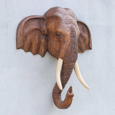 Alternate image for Hand Carved Teak Wood Elephant Sculpture Knowing in Brown