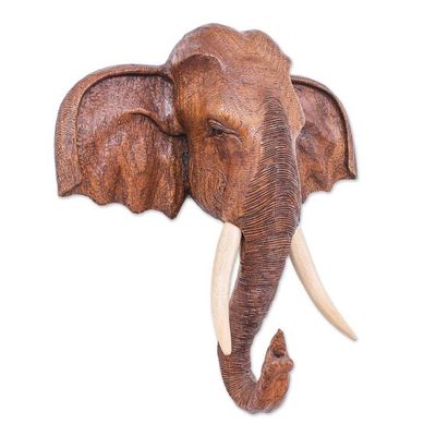Alternate image for Hand Carved Teak Wood Elephant Sculpture Knowing in Brown