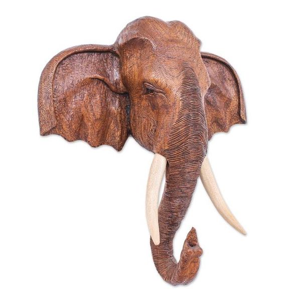 Alternate image for Hand Carved Teak Wood Elephant Sculpture Knowing in Brown