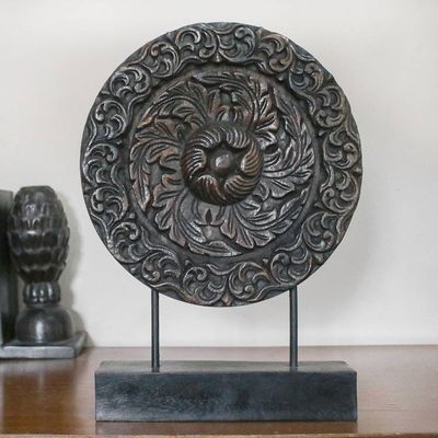 Alternate image for Hand Carved Floral Relief Wood Sculpture from Thailand Heart of the Moon