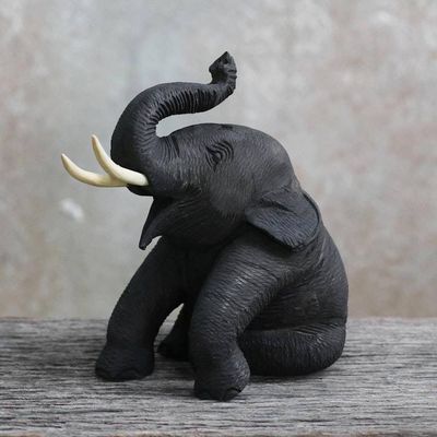 Alternate image for Thai Elephant Statuette, Carved by Hand of Teak Wood Elephant Smile of Welcome