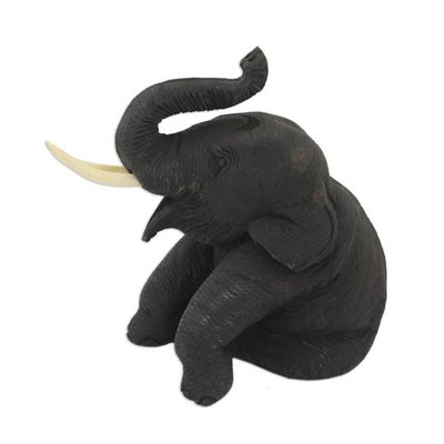 Alternate image for Thai Elephant Statuette, Carved by Hand of Teak Wood Elephant Smile of Welcome