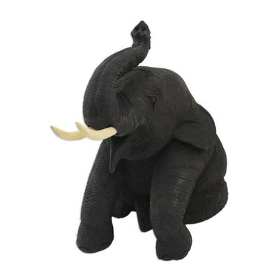 Alternate image for Thai Elephant Statuette, Carved by Hand of Teak Wood Elephant Smile of Welcome