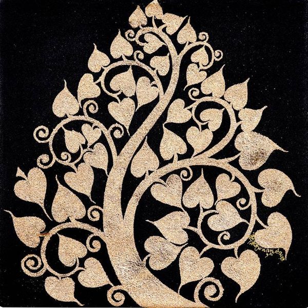 Alternate image for Thai Folk Art Bodhi Tree Painting with Golden Foil Shimmering Golden Bodhi