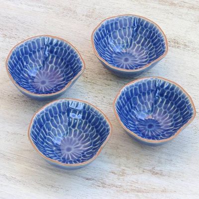 Alternate image for Blue Ceramic Appetizer Bowls from Thailand Set of 4 Sunflower Dream
