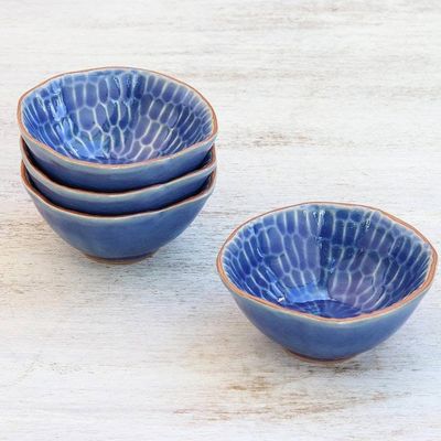 Alternate image for Blue Ceramic Appetizer Bowls from Thailand Set of 4 Sunflower Dream