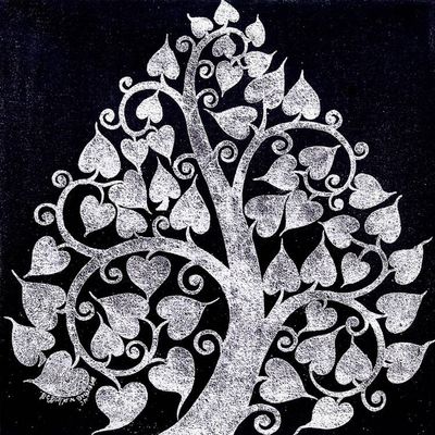Alternate image for Thai Folk Art Bodhi Tree Painting with Silvery Foil Shimmering Silver Bodhi