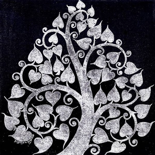 Alternate image for Thai Folk Art Bodhi Tree Painting with Silvery Foil Shimmering Silver Bodhi