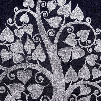 Alternate image for Thai Folk Art Bodhi Tree Painting with Silvery Foil Shimmering Silver Bodhi