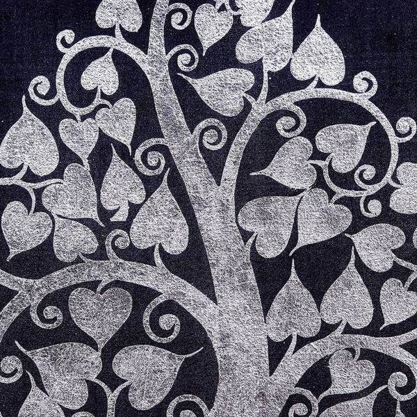 Alternate image for Thai Folk Art Bodhi Tree Painting with Silvery Foil Shimmering Silver Bodhi
