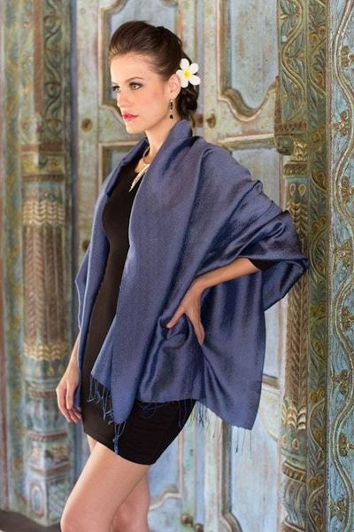 Alternate image for Dark Blue Womens Woven Rayon and Silk Blend Shawl Elegance in Indigo
