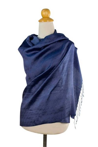 Alternate image for Dark Blue Womens Woven Rayon and Silk Blend Shawl Elegance in Indigo