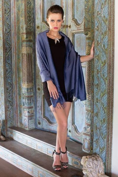 Alternate image for Dark Blue Womens Woven Rayon and Silk Blend Shawl Elegance in Indigo