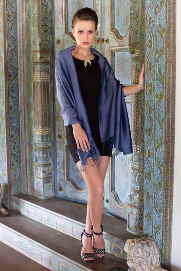 Alternate image for Dark Blue Womens Woven Rayon and Silk Blend Shawl Elegance in Indigo