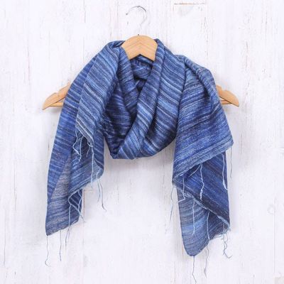 Alternate image for Handloomed Striped Blue and Azure Silk Shawl with Fringes Bold Azure