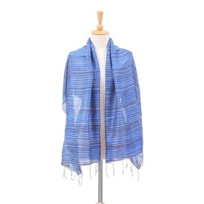 Alternate image for Handloomed Striped Blue and Azure Silk Shawl with Fringes Bold Azure