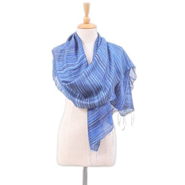 Alternate image for Handloomed Striped Blue and Azure Silk Shawl with Fringes Bold Azure