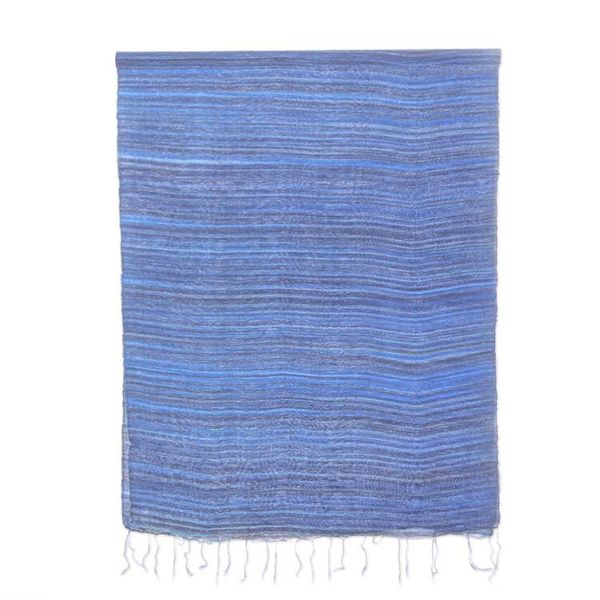 Alternate image for Handloomed Striped Blue and Azure Silk Shawl with Fringes Bold Azure