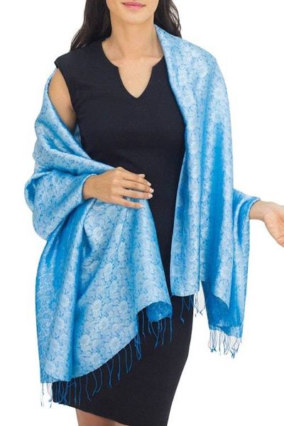 Alternate image for Artisan Crafted Blue Rayon Blend Shawl with Floral Motif Mandarin Sky