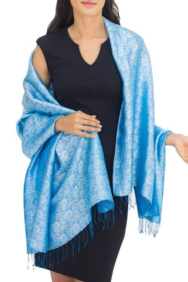 Alternate image for Artisan Crafted Blue Rayon Blend Shawl with Floral Motif Mandarin Sky