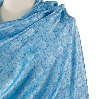 Alternate image for Artisan Crafted Blue Rayon Blend Shawl with Floral Motif Mandarin Sky