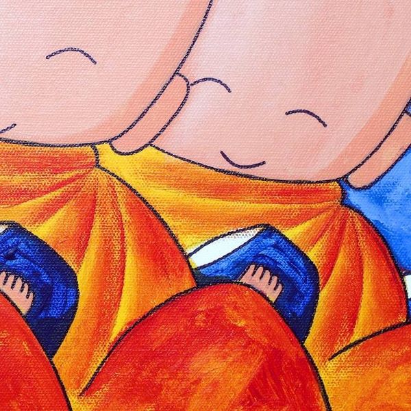 Alternate image for Signed Naif Painting of Three Children as Thai Monks Thailand Offering III