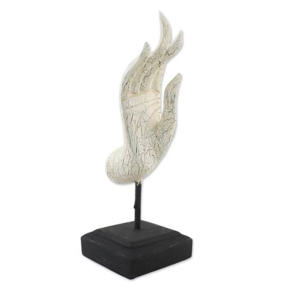 Alternate image for White Crackle Finish Hand Carved Acacia Wood Hand Statuette Buddha Greeting in White