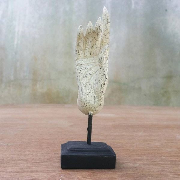 Alternate image for White Crackle Finish Hand Carved Acacia Wood Hand Statuette Buddha Greeting in White