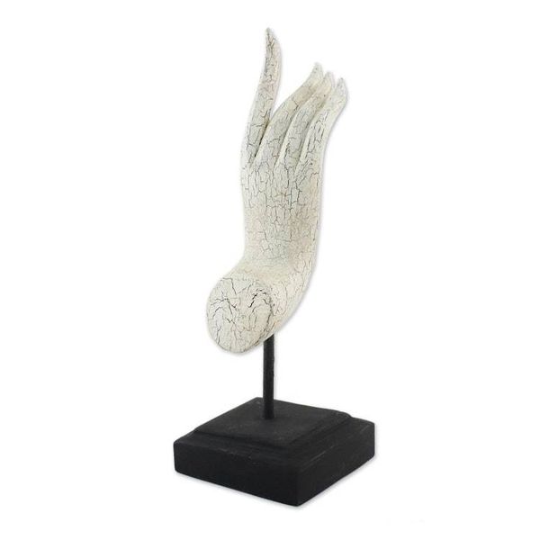 Alternate image for White Crackle Finish Hand Carved Acacia Wood Hand Statuette Buddha Greeting in White