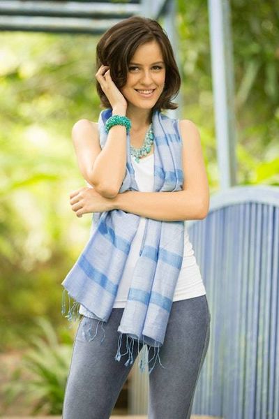 Alternate image for Handwoven Rayon and Silk Scarf Blue Harmony
