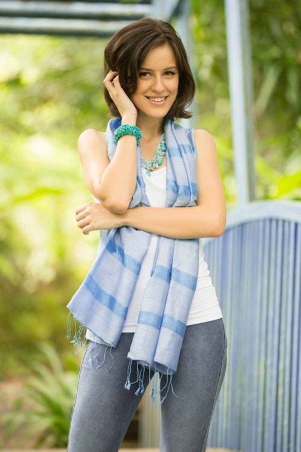 Alternate image for Handwoven Rayon and Silk Scarf Blue Harmony