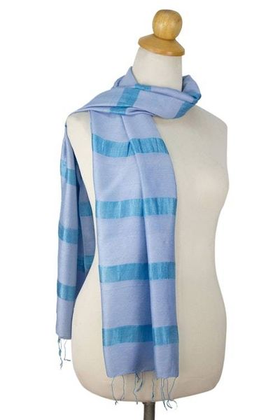 Alternate image for Handwoven Rayon and Silk Scarf Blue Harmony