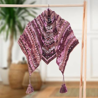 Alternate image for Handcrafted Pink and Brown Knit Acrylic Capelet with Tassels Pink Feelings